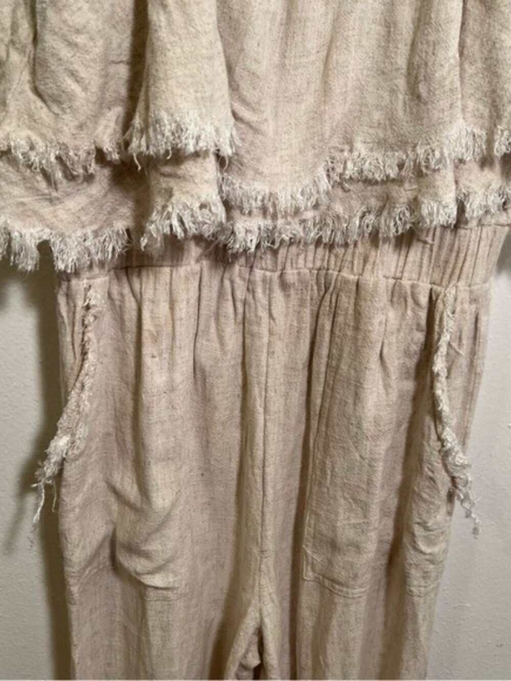 Umgee Women's Size Small Losing My Mind Tiered Jumpsuit Beige Fringe Hem Linen - Picture 7 of 14